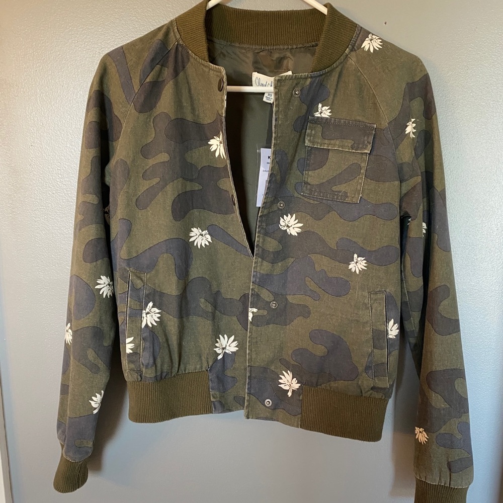 Green Camouflage and Floral Bomber Jacket